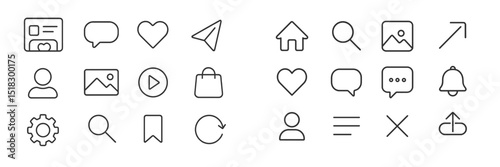 Collection of minimal outline icons representing various functions for user interface design and digital communication