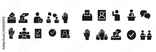Icons representing civic engagement activities, community involvement, and decision-making processes displayed in a straightforward design