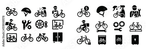 Collection of bike-related icons showcasing maintenance, delivery, and cycling activities in a minimalist design