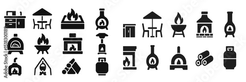 Collection of outdoor and indoor fireplace icons showcasing various designs and uses in home and garden settings