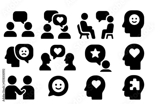 Various symbols representing communication, emotions, and interpersonal connections in a minimalist black and white design