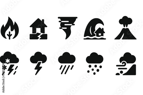 Various natural disaster icons representing fire, earthquake, tornado, flood, volcano, storm, and more in a simple black design