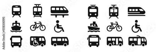 Icons representing various modes of transportation including trains, boats, bicycles, and buses in a clear layout for easy understanding