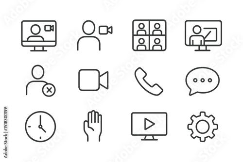Collection of video conferencing and communication icons representing remote interaction and technology use
