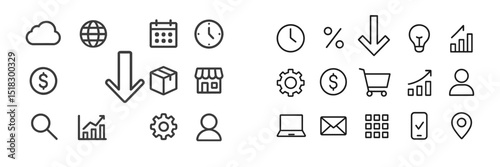 Various icons representing business, technology, finance, and analytics displayed on a clean white background