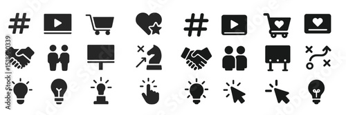 Collection of black icons representing digital marketing concepts and social media engagement