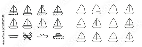 Collection of various boat illustrations featuring different types of sailboats and rowboats in a simple design