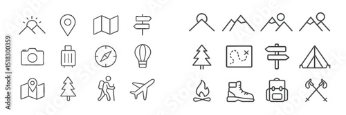 Outdoor adventure icons featuring travel symbols for hiking, camping, and exploration