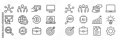 Illustration of digital marketing concepts featuring AI, SEO, teamwork, and technology in a business environment