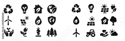 Collection of eco-friendly symbols representing sustainability and renewable energy concepts