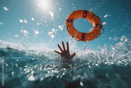 Drowning person with raised hand reaching for a life buoy in blue water, a person is drowning in the ocean and reaching for a life preserver
