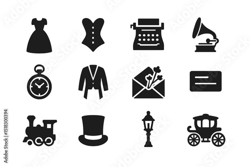 Vintage elements including clothing, a typewriter, and a gramophone in a creative assortment from a bygone era