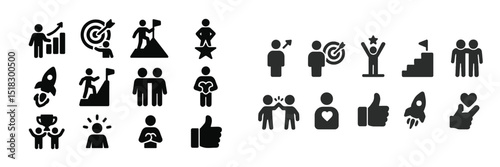 Collection of icons representing teamwork, success, and achievement in various activities and settings