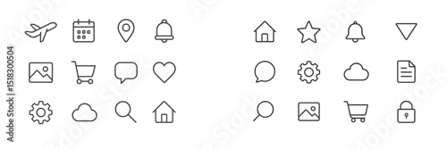 Collection of minimalist line icons representing various activities and objects for digital and print design projects