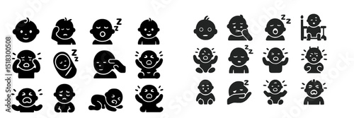 Collection of simple baby emoji showing various emotions and activities in black silhouette