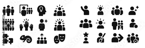 Icons representing group dynamics, creativity, community engagement, and teamwork in various activities and settings