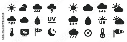 Weather symbols representing various conditions including sun, clouds, rain, and temperature variations displayed in a structured layout