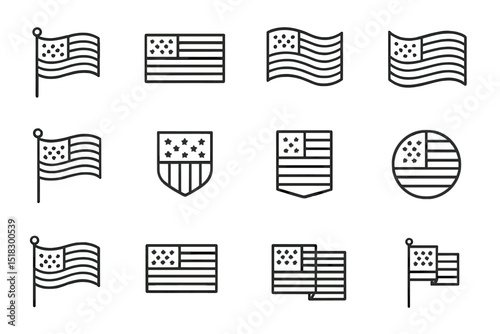 Various American flag designs featuring stars and stripes in simple line art on a white background