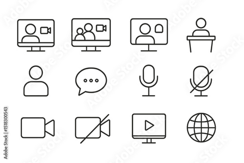Collection of icons representing virtual communication tools and online conferencing activities