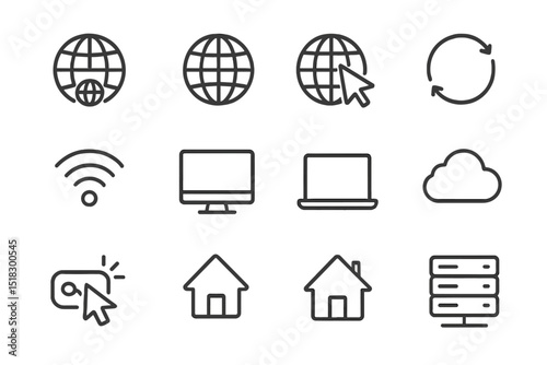 Collection of digital icons representing internet connectivity, technology, and data management in a minimalist style