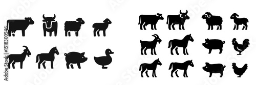 Collection of farm animal silhouettes featuring cows, sheep, goats, and more in black against a white background