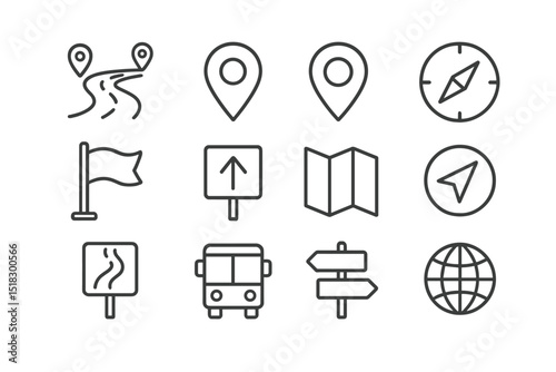 Navigational symbols and road signs representing travel and direction in a minimalist design