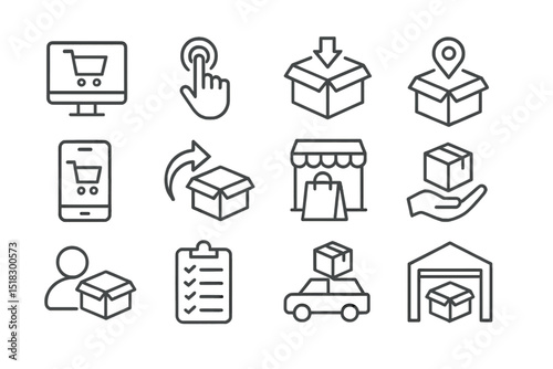 Illustrations of e-commerce concepts including shopping, delivery, and inventory management in a modern digital setting