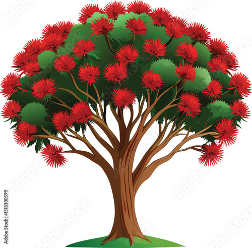 Detailed Red Flowering Pohutukawa Tree Illustration