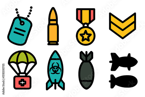 Symbols of military service and warfare displayed as icons in a colorful format