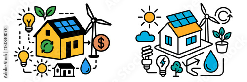 Renewable energy concepts showcasing sustainable homes with solar panels and wind turbines in an eco-friendly community