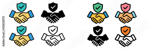 Various handshake icons symbolizing trust and partnership with checkmarks and shields for security assurance