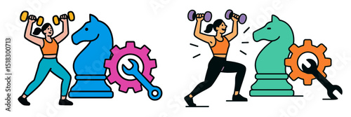 Creative illustration of fitness blending with strategy through weights and chess symbolism in a colorful design