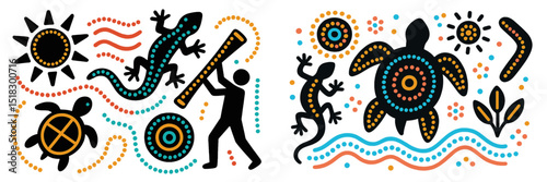 Colorful indigenous art depicting nature, culture, and daily life highlighting turtles and lizards in a creative style