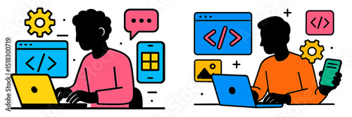 Collaboration between two developers engaged in coding and design tasks in a vibrant digital workspace