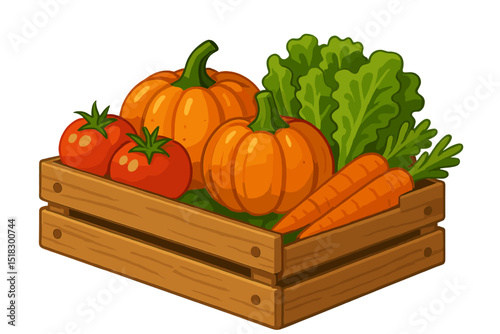 Fresh vegetables and pumpkins in a wooden crate from an organic farm on a sunny afternoon