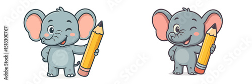 Cute cartoon elephants holding oversized pencils while winking in a playful art style