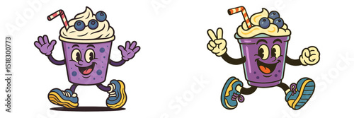 Fun and playful cartoon character running and enjoying a delicious blueberry smoothie in vibrant colors and a cheerful pose