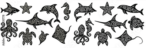 Stylized marine animal designs showcasing intricate patterns