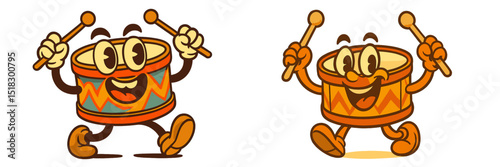 Colorful cartoon drums dancing joyfully with cheerful expressions and playful rhythm in a vibrant setting