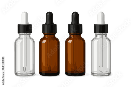 Four different dropper bottles in various colors positioned side by side on a clean surface