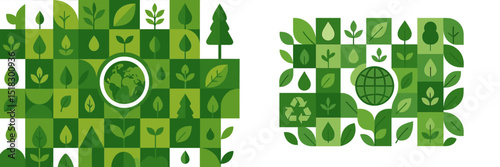 Vibrant green illustrations highlighting environmental themes and sustainability concepts in a modern design