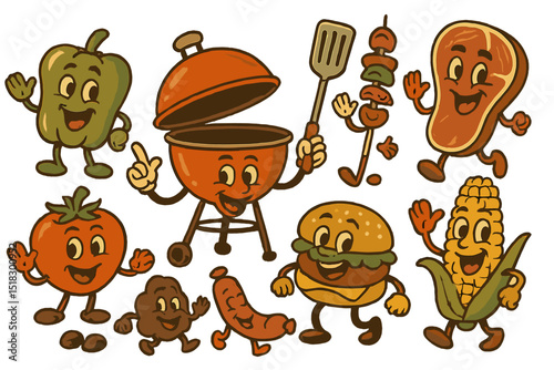 Friendly animated food characters enjoying a summer barbecue gathering with grilling and fun activities outdoors