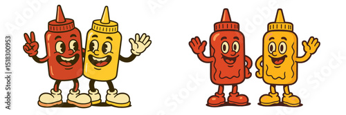 Two cheerful condiment characters having fun and waving together in a playful setting with vibrant colors