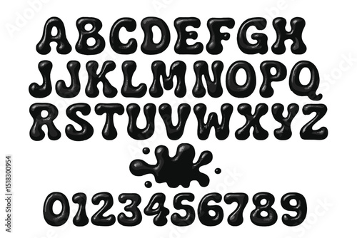 Unique black bubble-letter font showcasing uppercase alphabet and numbers in playful design style