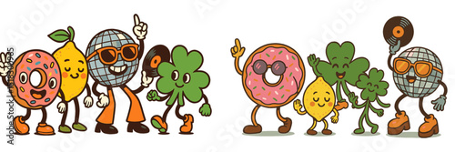 Colorful cartoon characters celebrating with food and music at a lively party in a cheerful atmosphere during daytime