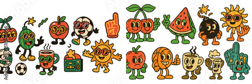 Colorful cartoon characters celebrating with fruits, vegetables, and fun objects in a lively setting