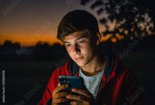 Teenage Boy Using Smartphone in Low Light – Digital Lifestyle and Technology