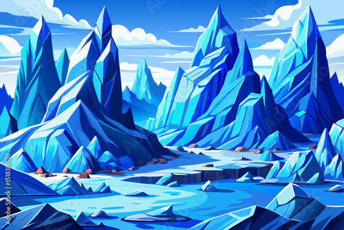 Vector set of blue crystal glacier formations and floating icy peaks, ideal for winter game design, arctic scenes, and snowy elements