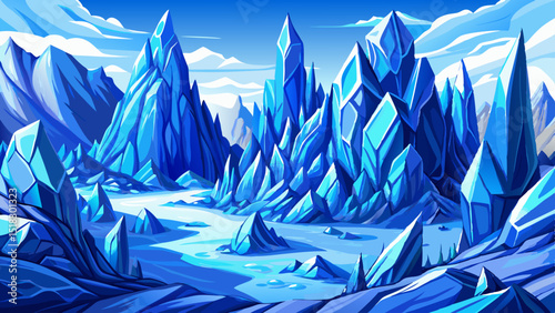 Vector of blue crystal glacier formations and floating icy peaks, ideal for winter game design, arctic scenes, and snowy elements