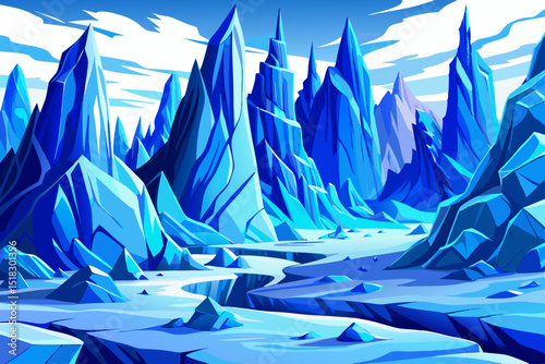 Vector set of blue crystal glacier formations and floating icy peaks, ideal for winter game design, arctic scenes, and snowy elements